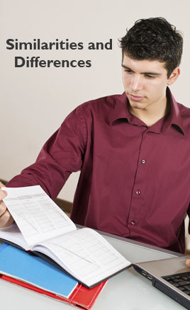 The words Similarities and Differences appear on a photograph of a student reading from a book and referencing a computer.