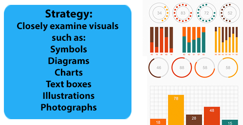 two charts; strategy: closely examine visuals such as: symbols, diagrams,charts,text boxes,illustrations,photographs