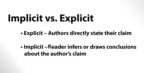 Implicit vs. Explicit •Explicit – Authors directly state their claim • Implicit – reader infers or draws conclusions about the author's claim
