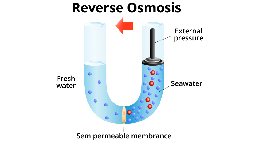 This is an illustration showing the process of reverse osmosis. An arrow labeled reverse osmosis points left from one side of a u-shaped pipe to the other. A nozzle labeled external pressure in shown pushing seawater down the pipe through a membrane. On the other side of the membrane, freshwater is shown and labeled as such.