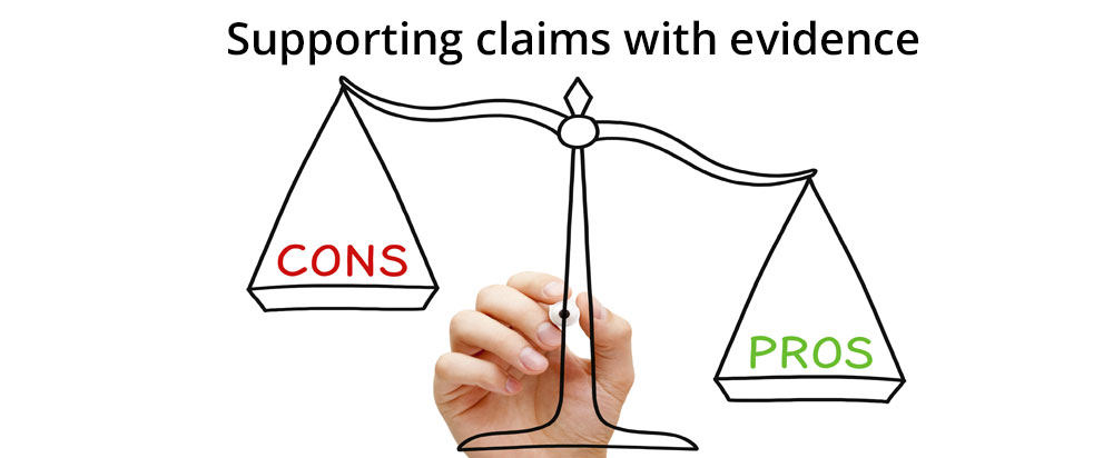 The words supporting claims with evidence appear above an illustration of a balance scale with cons on one side and pros on the other side of the scale.