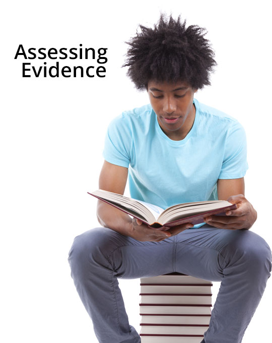 The words assessing evidence appear above a student reading a text.