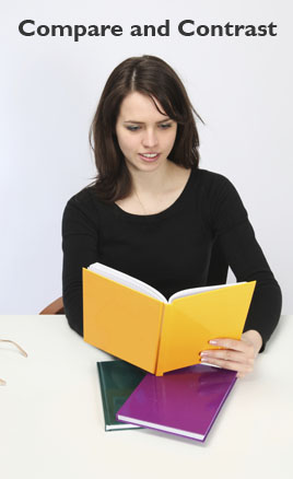 The words Compare and Contrast appear on a photograph of a student reading from a book.