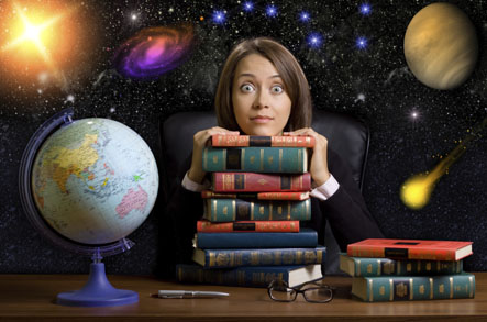 woman with a stack of books in outer space
