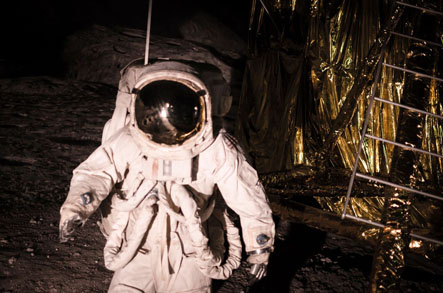 photograph of a staged reenactment of an astronaut walking on the moon