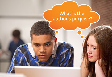 Two students are reading from a laptop computer. A thought bubble says, “What is the author’s purpose?”